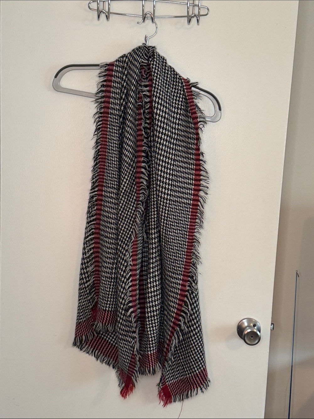 Houndstooth Fringe Wrap Scarf with Red Trim